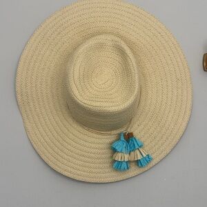 Natural Straw Wide Brim Hat with Turquoise Tassels